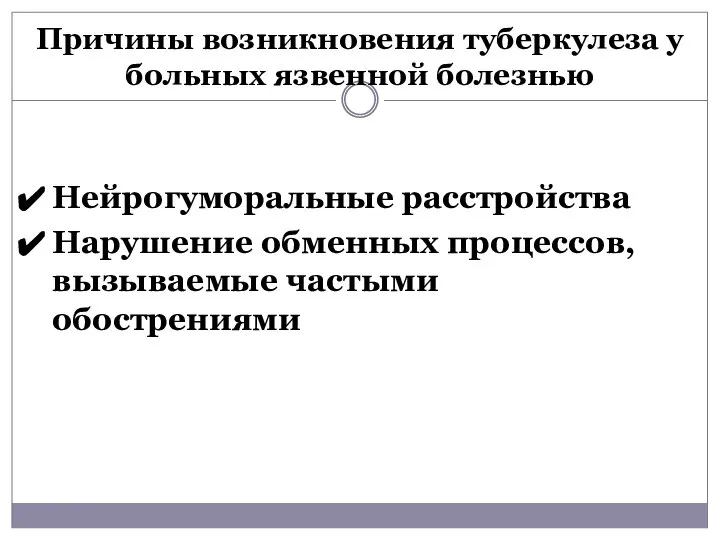 Причины возникновения туберкулеза у больных язвенной болезнью Нейрогуморальные расстройства Нарушение обменных процессов, вызываемые частыми обострениями