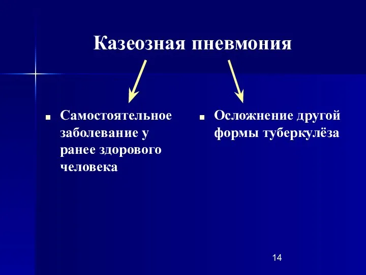 Казеозная пневмония Самостоятельное заболевание у ранее здорового человека Осложнение другой формы туберкулёза