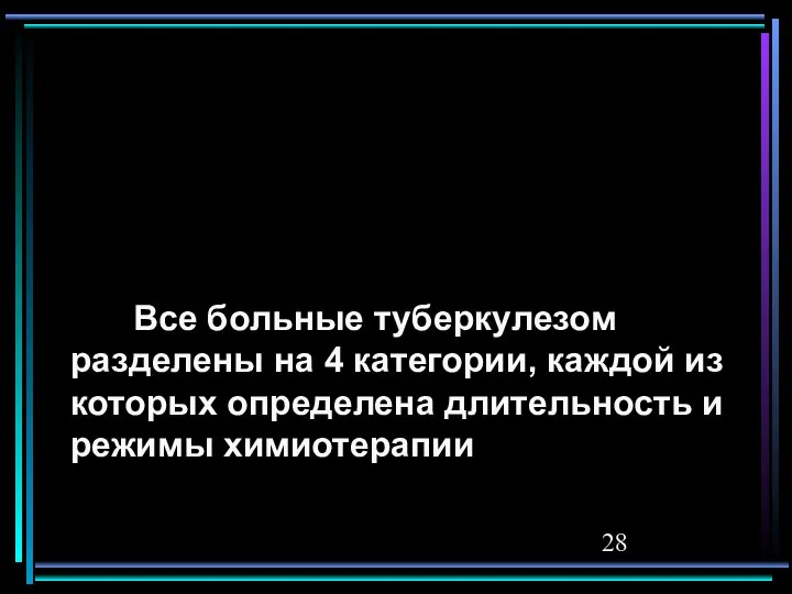 Все больные туберкулезом разделены на 4 категории, каждой из которых определена длительность и режимы химиотерапии