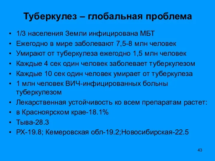 Туберкулез – глобальная проблема 1/3 населения Земли инфицирована МБТ Ежегодно в