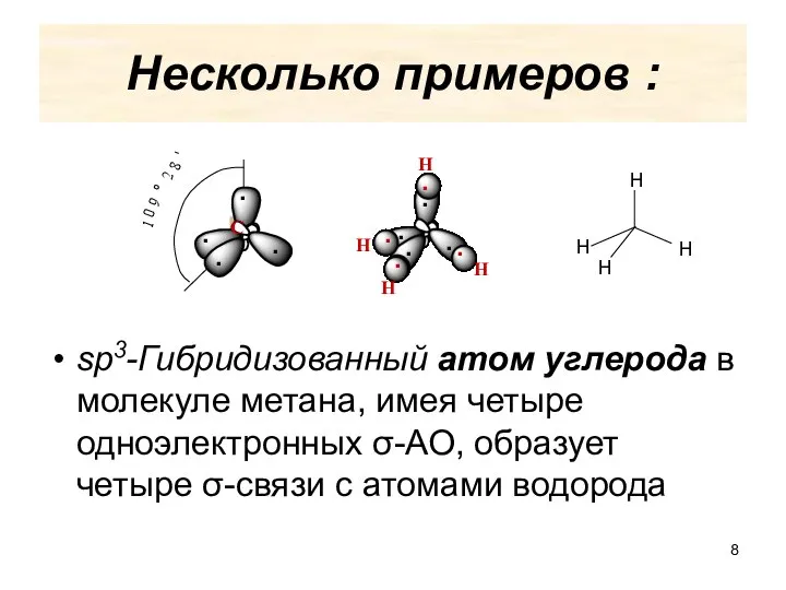Несколько примеров : sp3-Гибридизованный атом углерода в молекуле метана, имея четыре