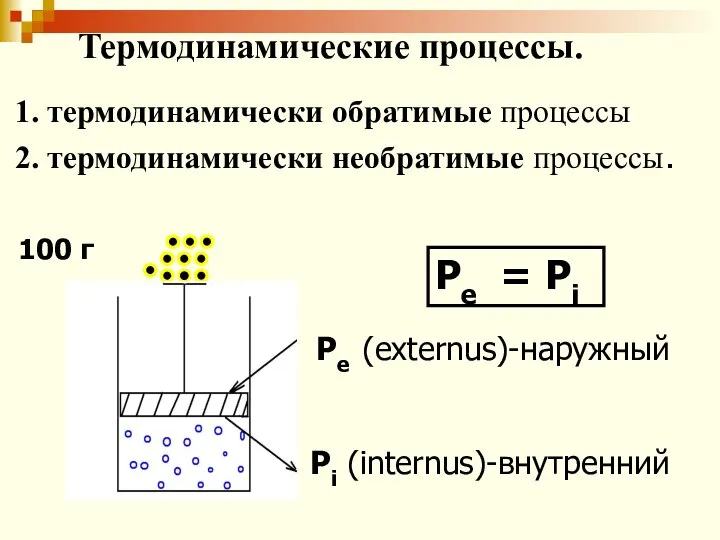 Pe (externus)-наружный Pi (internus)-внутренний Pe = Pi 100 г Термодинамические процессы.