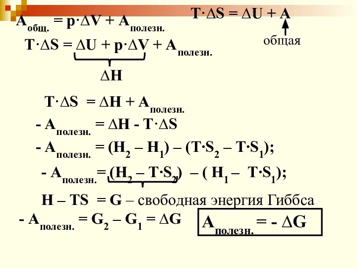 Аобщ. = р·∆V + Аполезн. T·∆S = ∆U + А общая