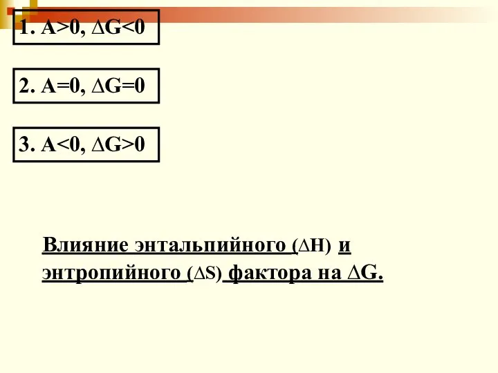 1. А>0, ∆G 2. А=0, ∆G=0 3. А 0 Влияние энтальпийного