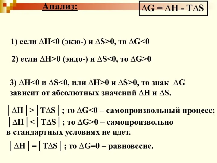 Анализ: ∆G = ∆Н - Т∆S 1) если ∆Н 0, то