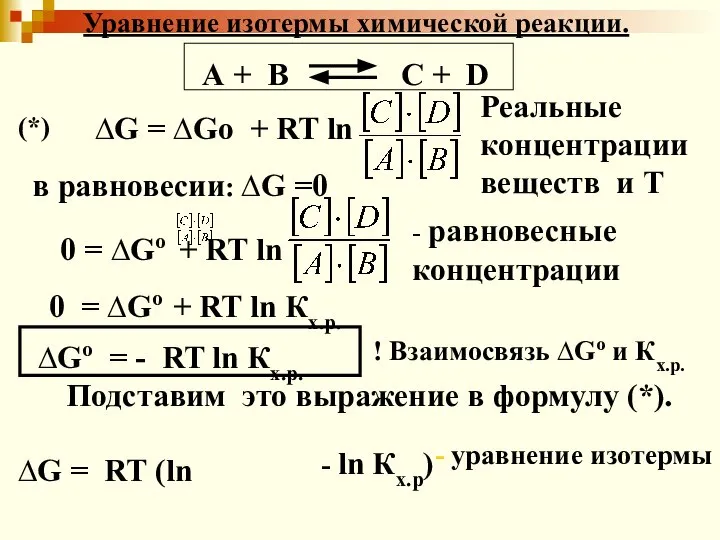 Уравнение изотермы химической реакции. А + В C + D ∆G