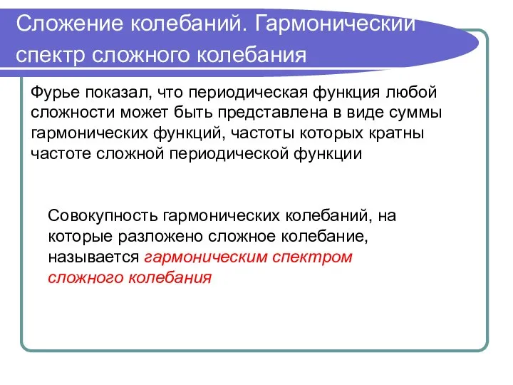 Сложение колебаний. Гармонический спектр сложного колебания Фурье показал, что периодическая функция