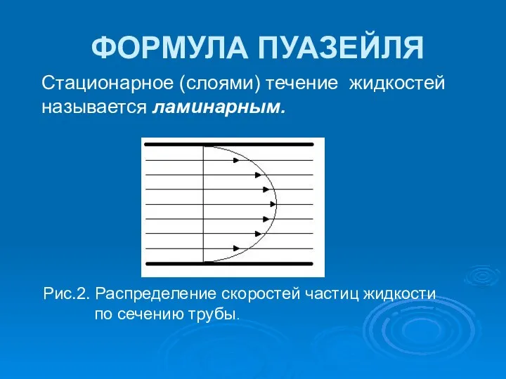 ФОРМУЛА ПУАЗЕЙЛЯ Стационарное (слоями) течение жидкостей называется ламинарным. Рис.2. Распределение скоростей частиц жидкости по сечению трубы.