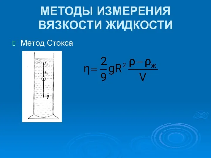 МЕТОДЫ ИЗМЕРЕНИЯ ВЯЗКОСТИ ЖИДКОСТИ Метод Стокса