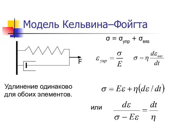 Модель Кельвина–Фойгта Удлинение одинаково для обоих элементов. или σ = σупр + σвяз