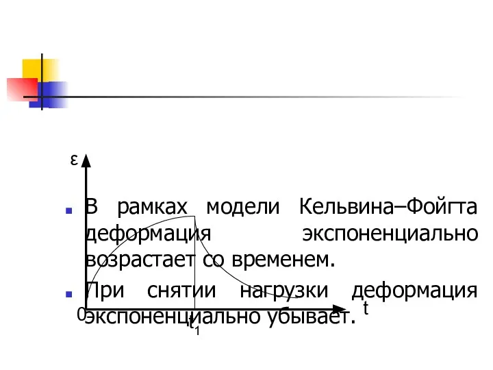 В рамках модели Кельвина–Фойгта деформация экспоненциально возрастает со временем. При снятии нагрузки деформация экспоненциально убывает.