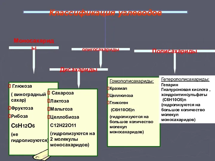 Гомополисахариды: Крахмал Целлюлоза Гликоген (С6Н10О5)n (гидролизуются на большое количество молекул моносахаридов)