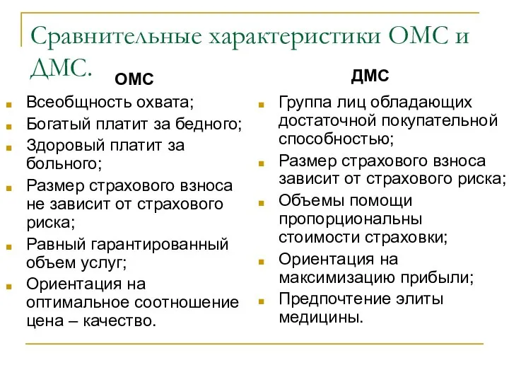 Сравнительные характеристики ОМС и ДМС. Всеобщность охвата; Богатый платит за бедного;