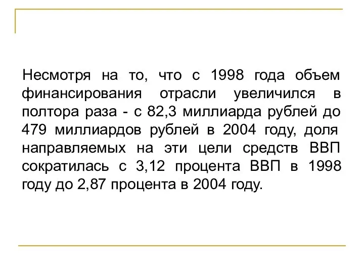 Несмотря на то, что с 1998 года объем финансирования отрасли увеличился