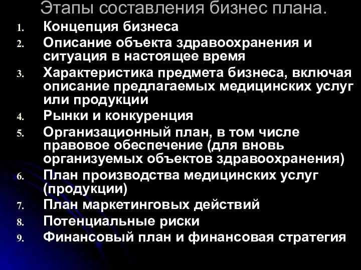 Этапы составления бизнес плана. Концепция бизнеса Описание объекта здравоохранения и ситуация