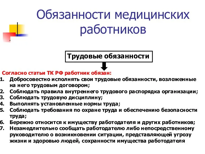 Обязанности медицинских работников Трудовые обязанности Согласно статьи ТК РФ работник обязан: