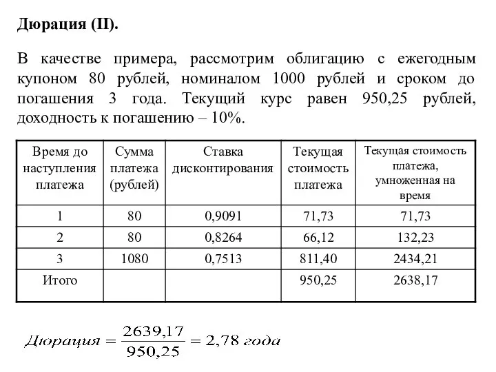 Дюрация (II). В качестве примера, рассмотрим облигацию с ежегодным купоном 80