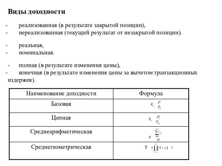 Виды доходности реализованная (в результате закрытой позиции), нереализованная (текущий результат от