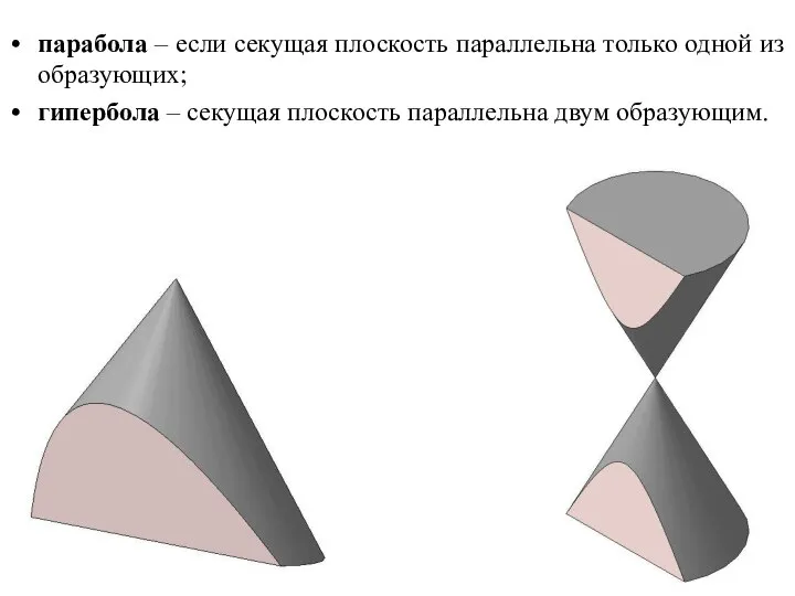 парабола – если секущая плоскость параллельна только одной из образующих; гипербола