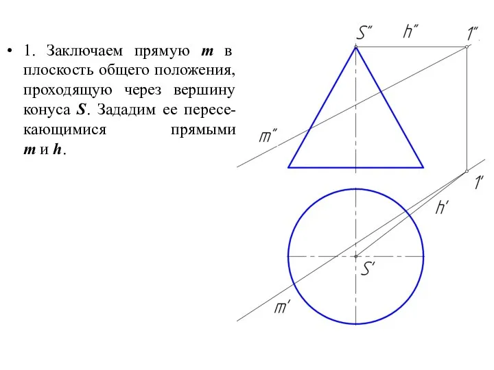 1. Заключаем прямую m в плоскость общего положения, проходящую через вершину