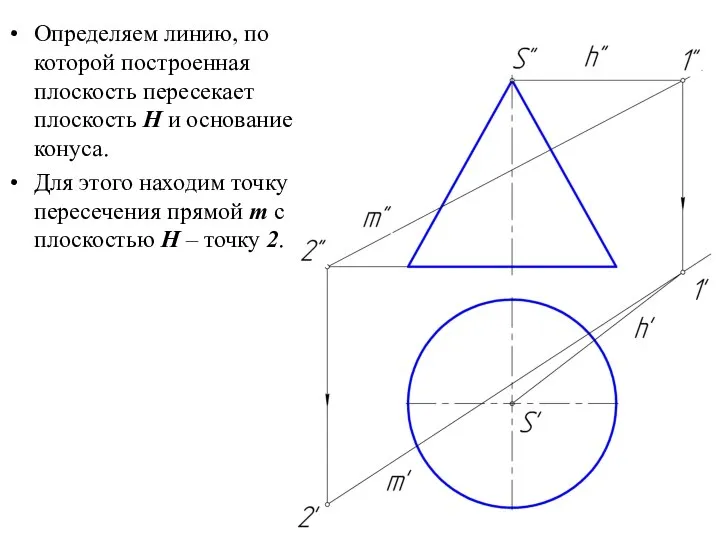 Определяем линию, по которой построенная плоскость пересекает плоскость H и основание