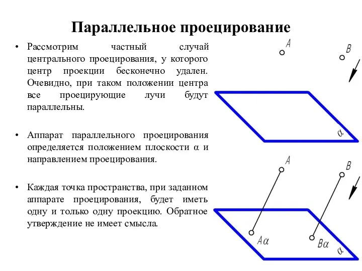 Параллельное проецирование Рассмотрим частный случай центрального проецирования, у которого центр проекции