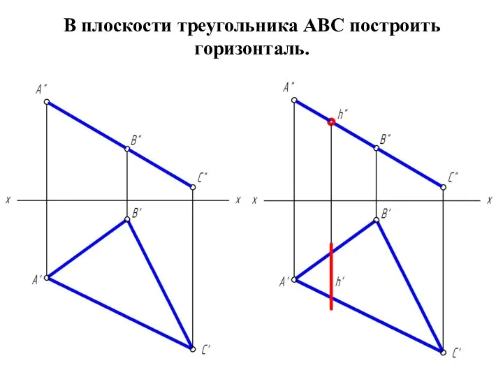 В плоскости треугольника АВС построить горизонталь.