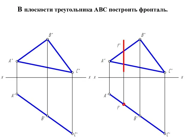 В плоскости треугольника АВС построить фронталь.