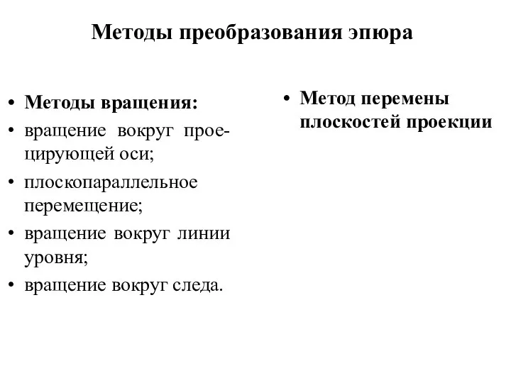 Методы преобразования эпюра Методы вращения: вращение вокруг прое-цирующей оси; плоскопараллельное перемещение;