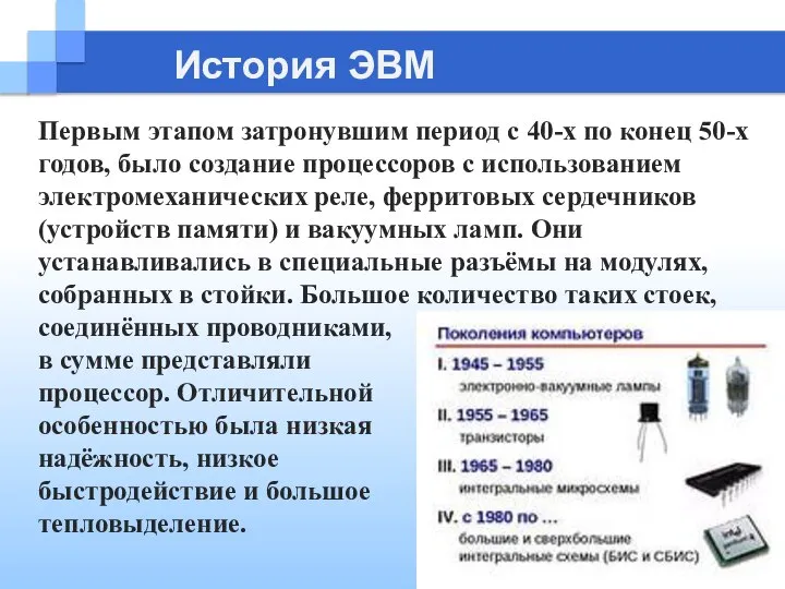 История ЭВМ Первым этапом затронувшим период с 40-х по конец 50-х