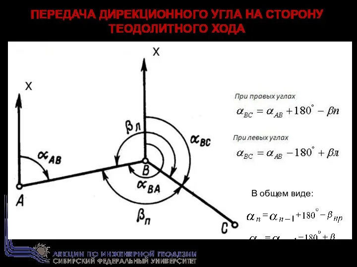 ПЕРЕДАЧА ДИРЕКЦИОННОГО УГЛА НА СТОРОНУ ТЕОДОЛИТНОГО ХОДА В общем виде: