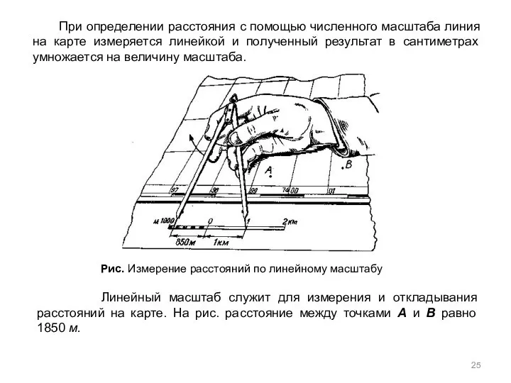 Рис. Измерение расстояний по линейному масштабу Линейный масштаб служит для измерения