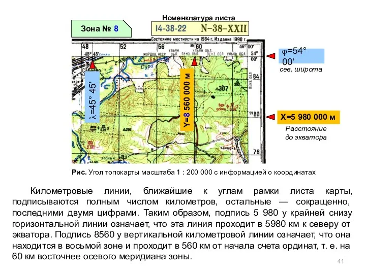 Километровые линии, ближайшие к углам рамки листа карты, подписываются полным числом