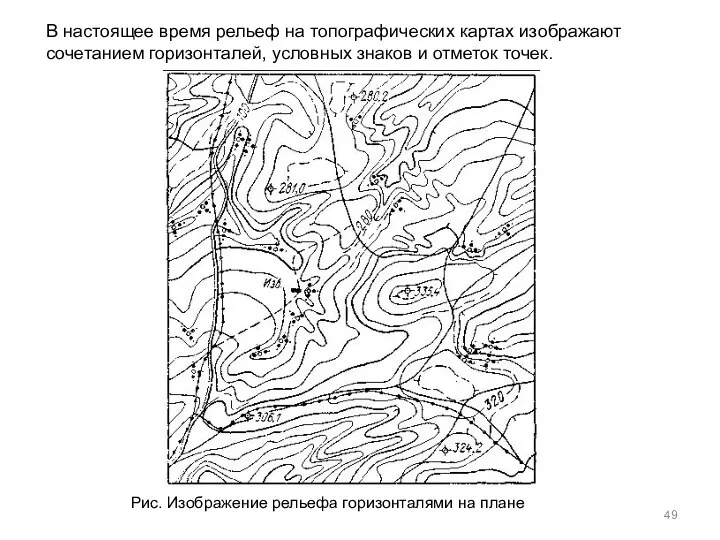 Рис. Изображение рельефа горизонталями на плане В настоящее время рельеф на