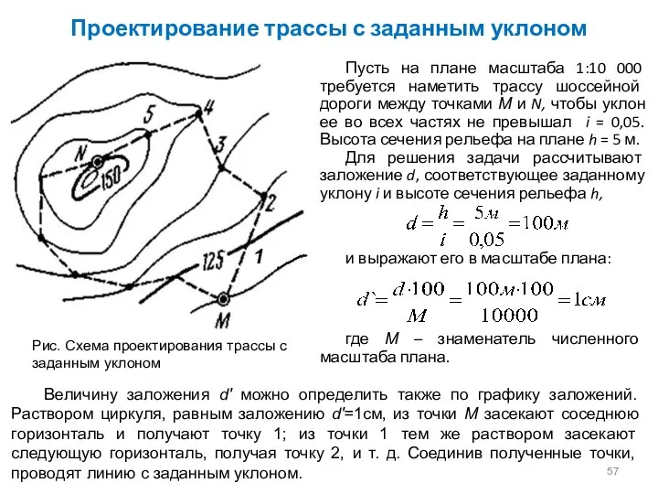 Проектирование трассы с заданным уклоном Пусть на плане масштаба 1:10 000