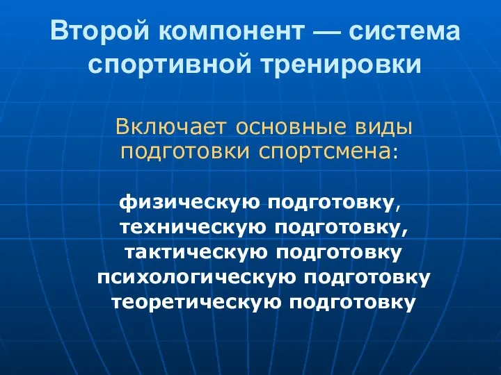 Второй компонент — система спортивной тренировки Включает основные виды подготовки спортсмена: