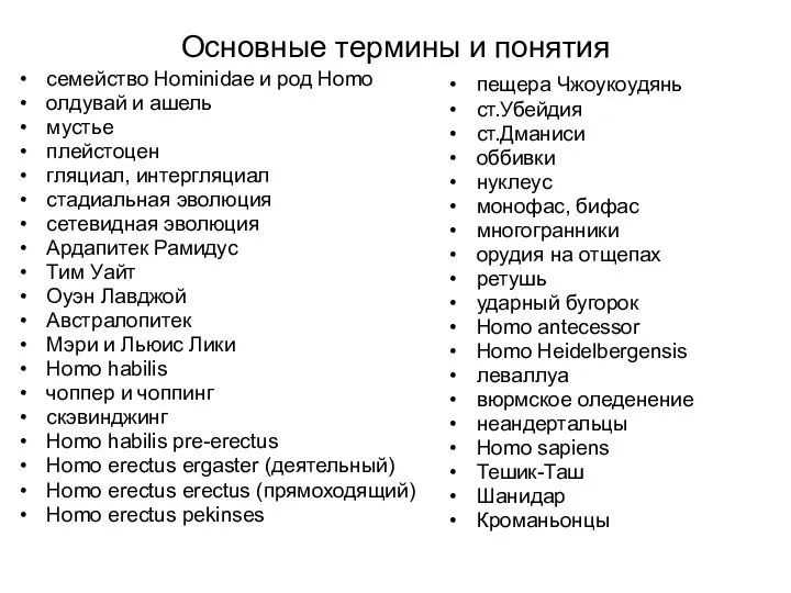 Основные термины и понятия семейство Hominidae и род Homo олдувай и