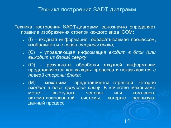 Техника построения SADT-диаграмм Техника построения SADT-диаграмм однозначно определяет правила изображения стрелок