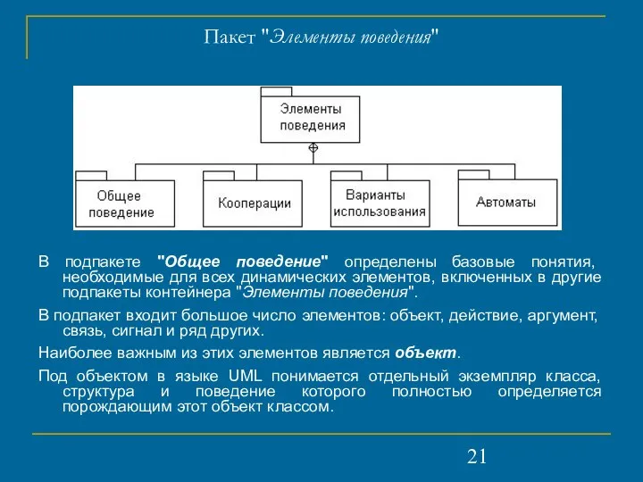 Пакет "Элементы поведения" В подпакете "Общее поведение" определены базовые понятия, необходимые