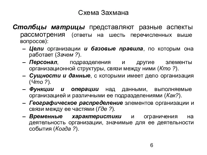 Схема Захмана Столбцы матрицы представляют разные аспекты рассмотрения (ответы на шесть