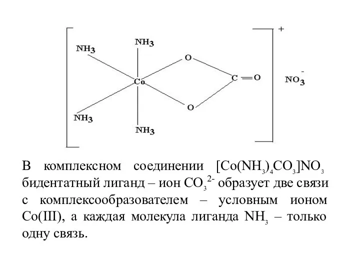 В комплексном соединении [Co(NH3)4CO3]NO3 бидентатный лиганд – ион CO32- образует две