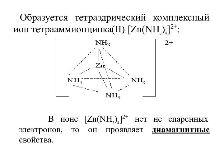 Образуется тетраэдрический комплексный ион тетрааммионцинка(II) [Zn(NH3)4]2+: В ионе [Zn(NH3)4]2+ нет не