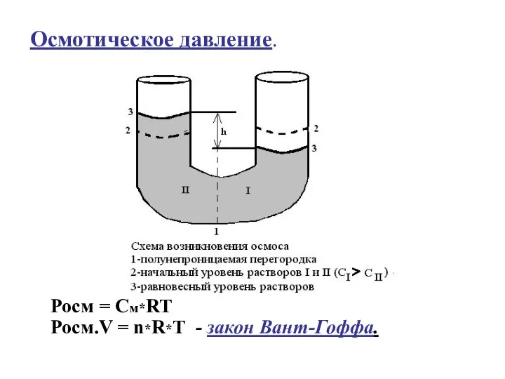 Осмотическое давление. Росм = См*RT Росм.V = n*R*T - закон Вант-Гоффа.