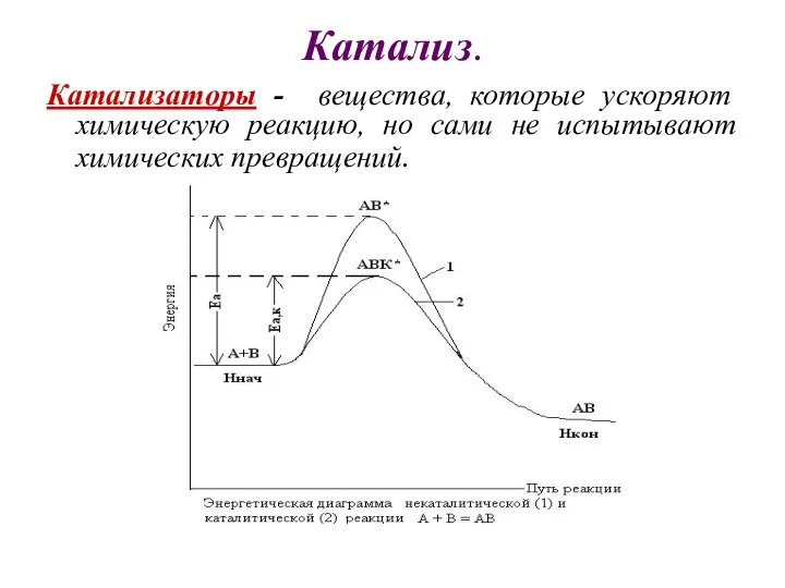 Катализ. Катализаторы - вещества, которые ускоряют химическую реакцию, но сами не испытывают химических превращений.