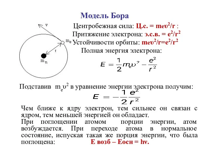 Модель Бора Центробежная сила: Ц.с. = mеυ2/r : Притяжение электрона: э.с.в.