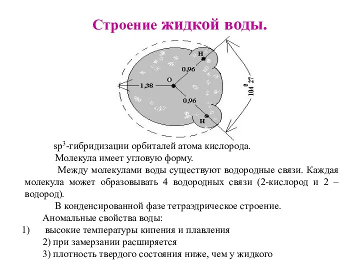 Строение жидкой воды. sр3-гибридизации орбиталей атома кислорода. Молекула имеет угловую форму.