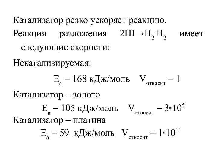 Катализатор резко ускоряет реакцию. Реакция разложения 2HI→H2+I2 имеет следующие скорости: Некатализируемая: