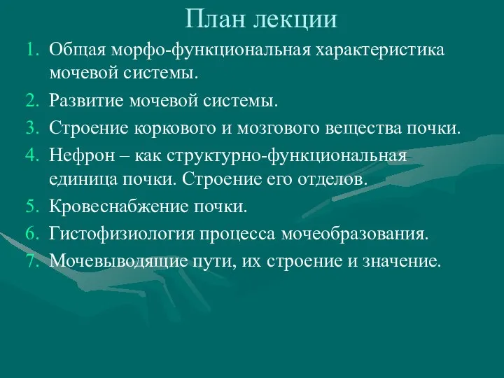 План лекции Общая морфо-функциональная характеристика мочевой системы. Развитие мочевой системы. Строение