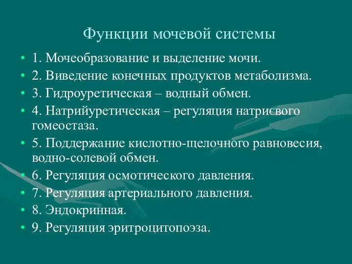 Функции мочевой системы 1. Мочеобразование и выделение мочи. 2. Виведение конечных