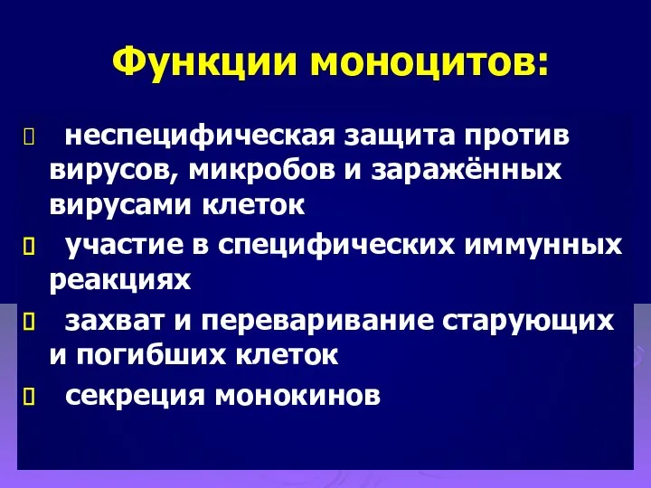 Функции моноцитов: неспецифическая защита против вирусов, микробов и заражённых вирусами клеток